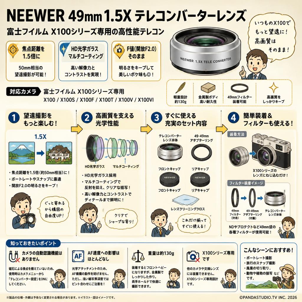NEEWER 49mm 1.5Xテレコンバーターレンズ 追加レンズ HD光学ガラス マルチコーティング 49-49mmアダプターリング付き コンパチブル 富士フイルム X100 X100S X100F X100T X100V X100VIカメラ LS-61 シルバー FAQ（よくある質問と答え）