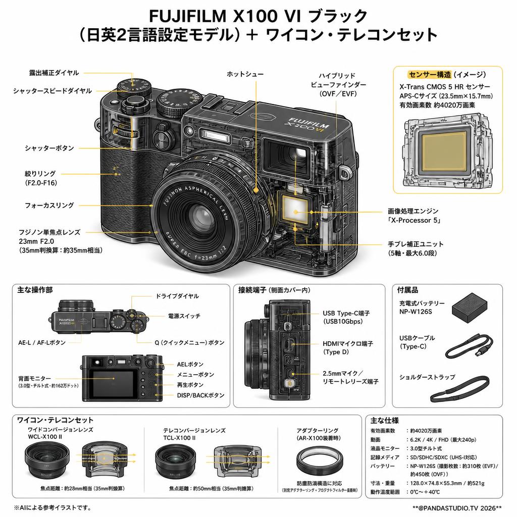 FUJIFILM X100 VI ブラック（日英2言語設定モデル）＋ ワイコン・テレコンセット スペック
