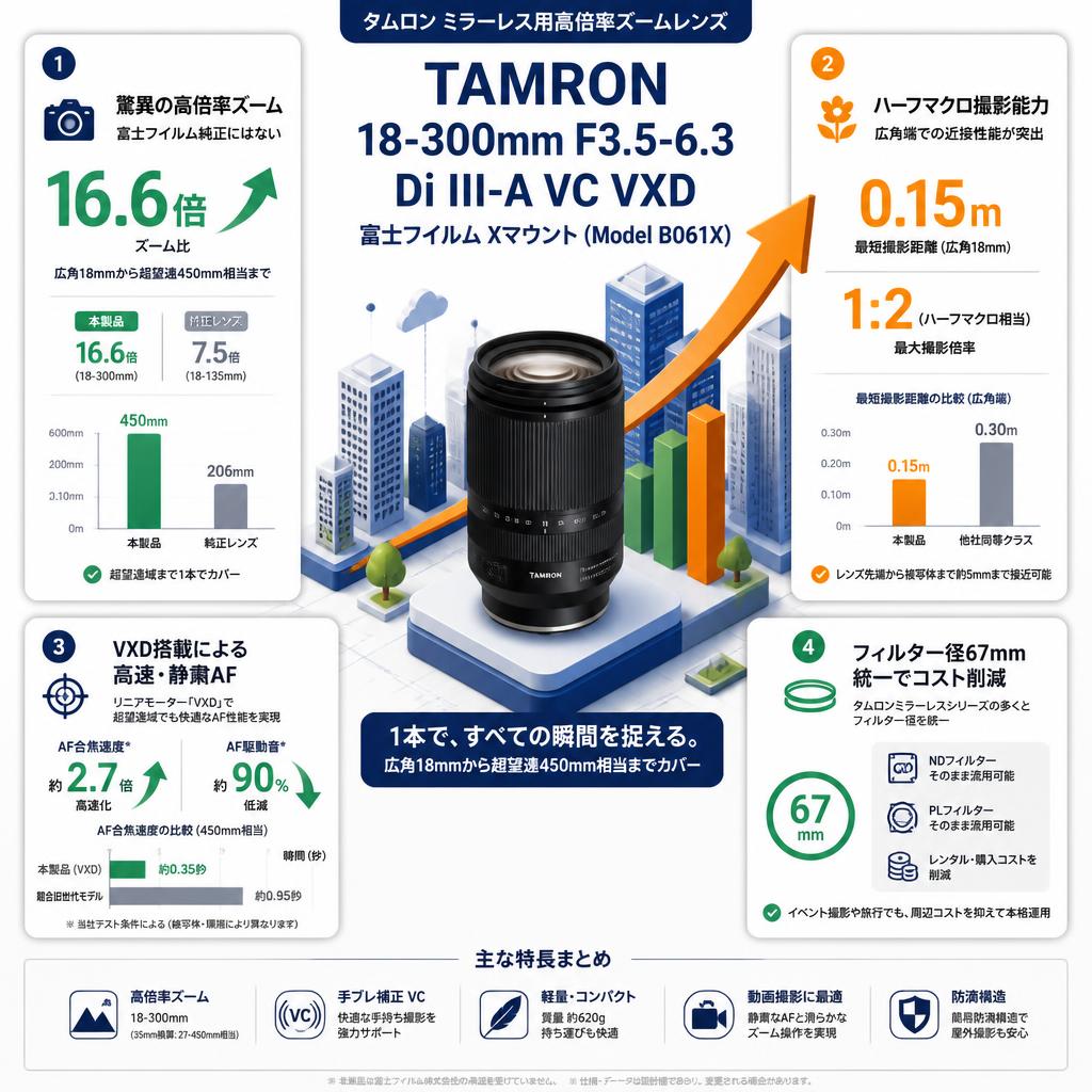 TAMRON 18-300mm F3.5-6.3 Di III-A VC VXD Fujifilm Xマウント (Model B061X) セールスポイント