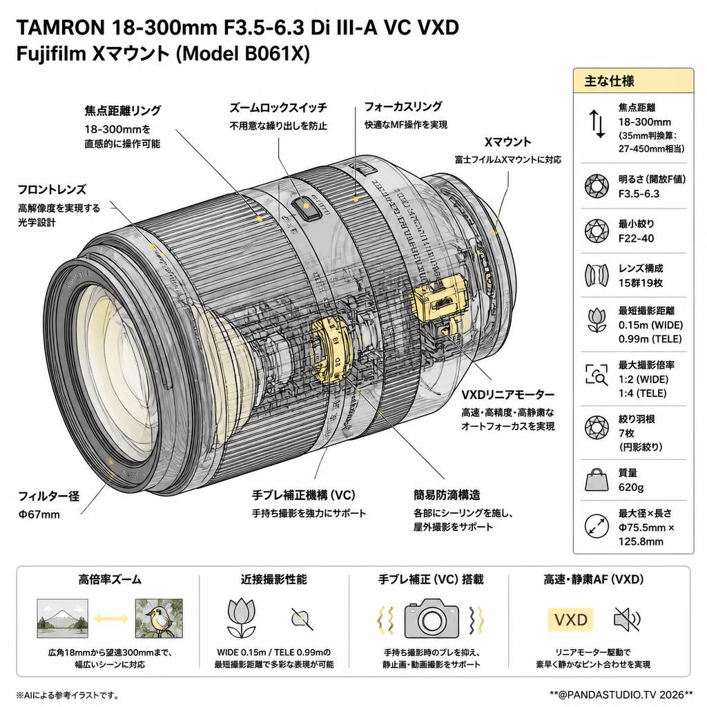 TAMRON 18-300mm F3.5-6.3 Di III-A VC VXD Fujifilm Xマウント (Model B061X) スペック