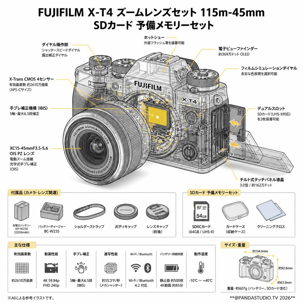 FUJIFILM X-T4 ズームレンズセット 115m-45mm SDカード 予備メモリーセット スペック