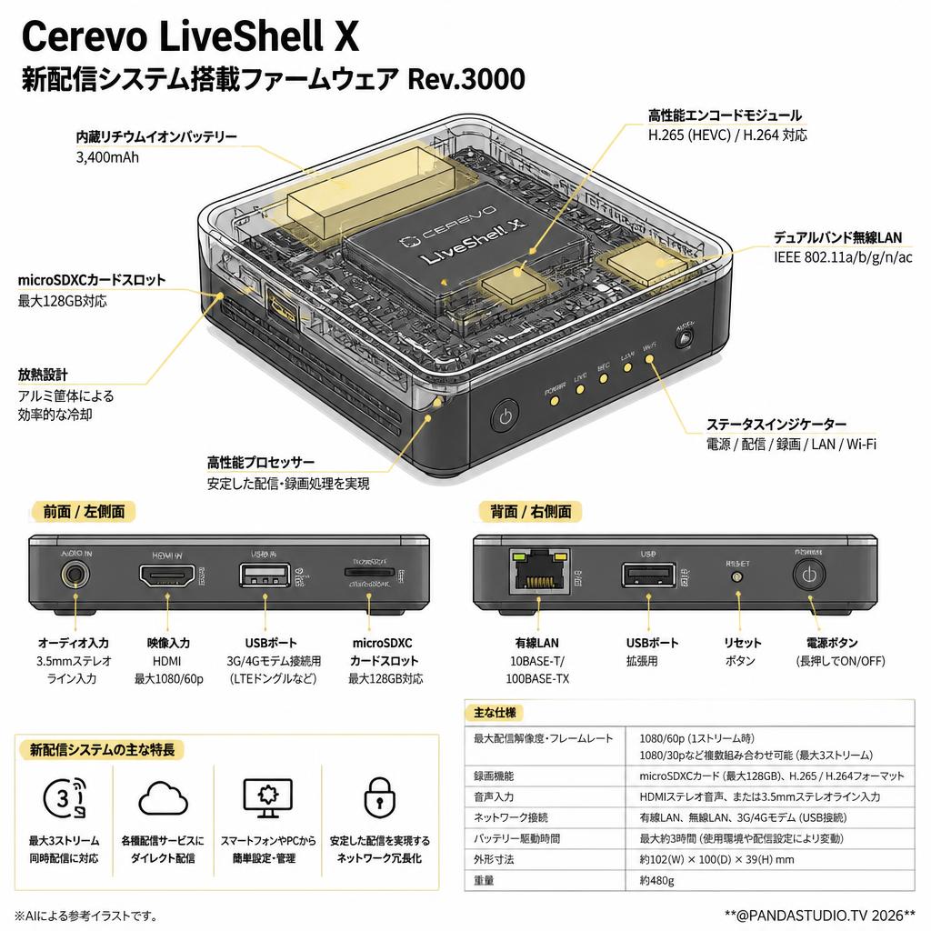 Cerevo LiveShell X　新配信システム搭載ファームウェア Rev.3000 スペック