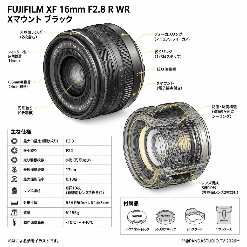 FUJIFILM XF 16mm F2.8 R WR Xマウント ブラック スペック