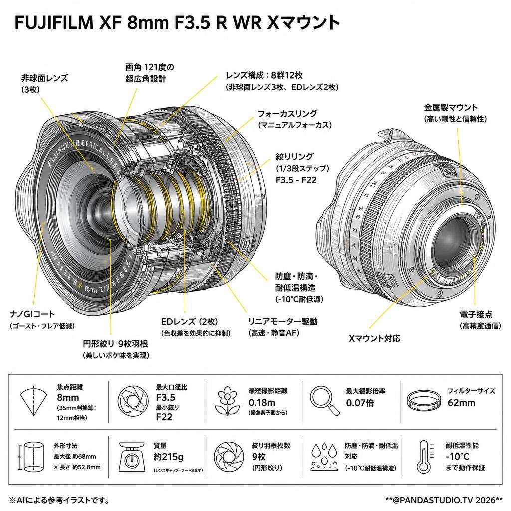 FUJIFILM XF 8mm F3.5 R WR Xマウント スペック