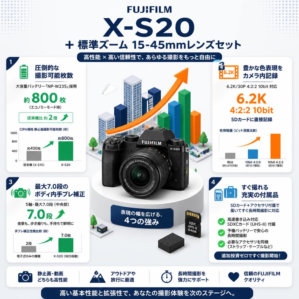 FUJIFILM X-S20 ＋ 標準ズーム 15-45mmレンズセット セールスポイント