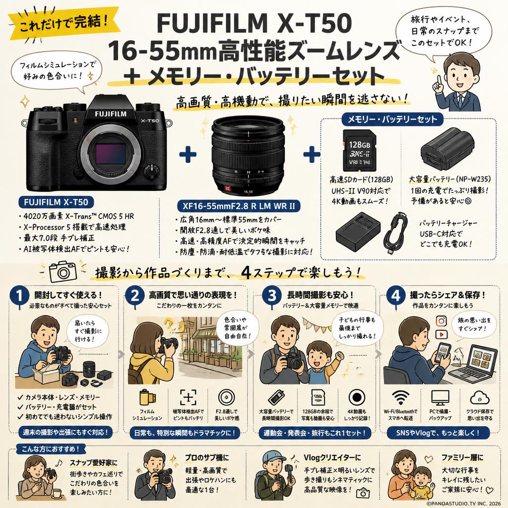 FUJIFLIM X-T50 16-55mm高性能ズームレンズ ＋ メモリー バッテリーセット おもな対象のお客様