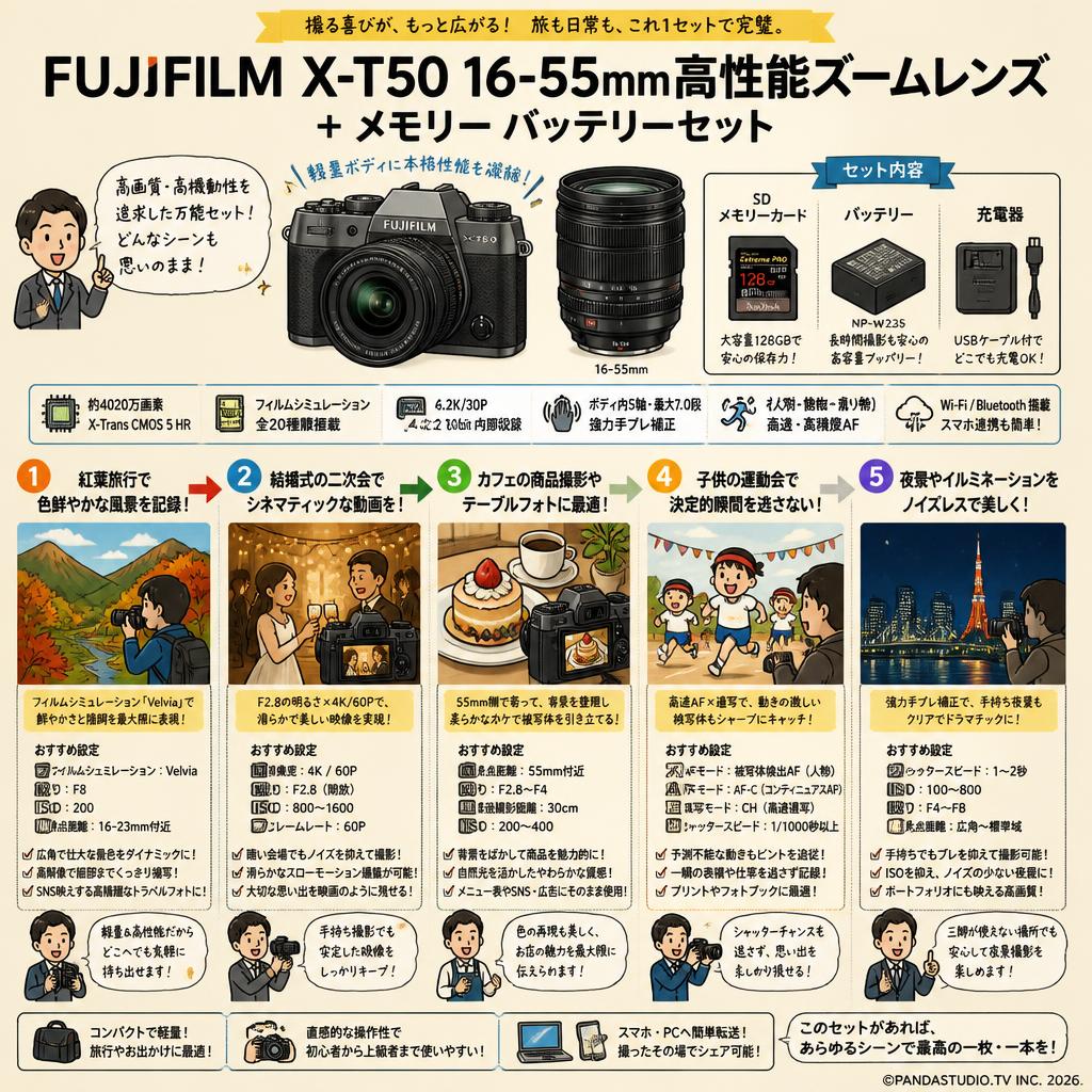 FUJIFLIM X-T50 16-55mm高性能ズームレンズ ＋ メモリー バッテリーセット 用途