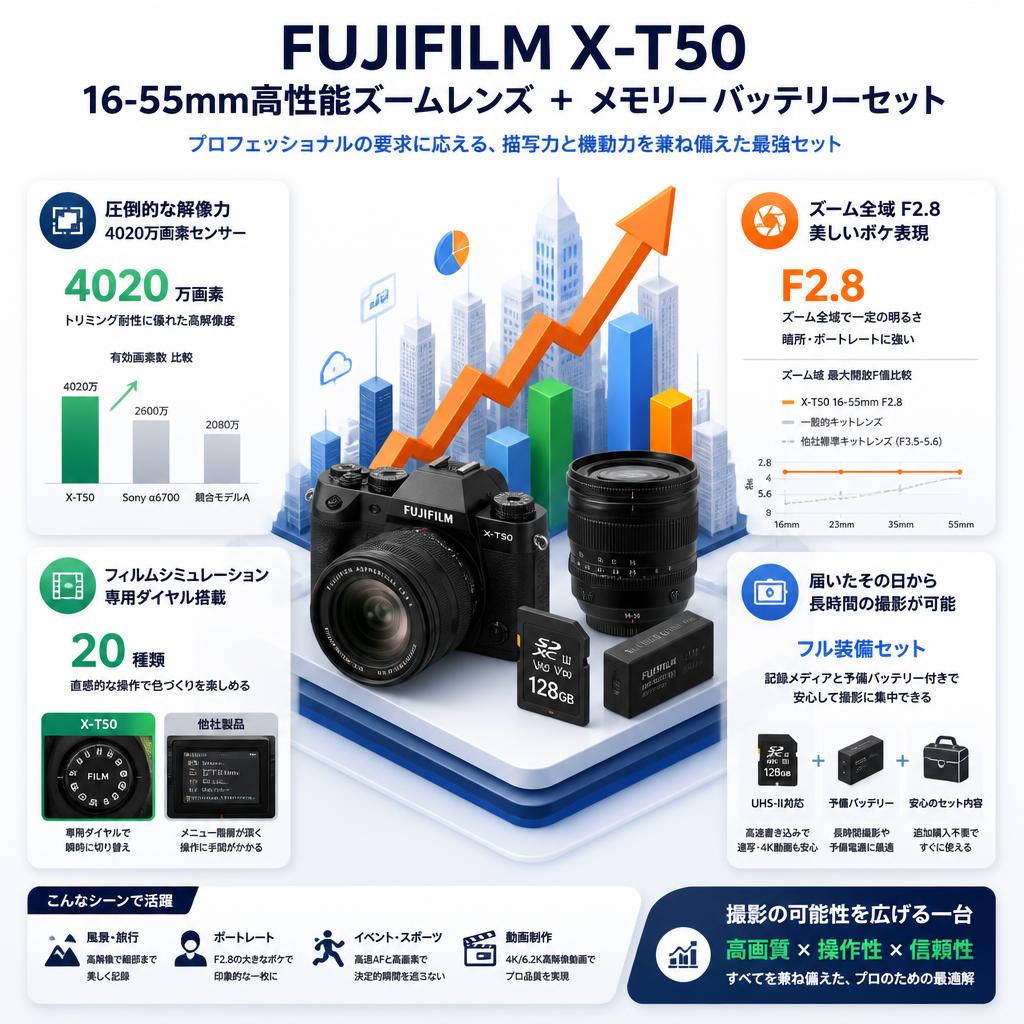 FUJIFLIM X-T50 16-55mm高性能ズームレンズ ＋ メモリー バッテリーセット セールスポイント