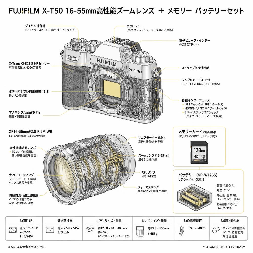 FUJIFLIM X-T50 16-55mm高性能ズームレンズ ＋ メモリー バッテリーセット スペック