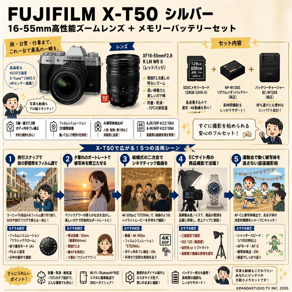 FUJIFLIM X-T50 シルバー 16-55mm高性能ズームレンズ ＋ メモリー バッテリーセット 用途