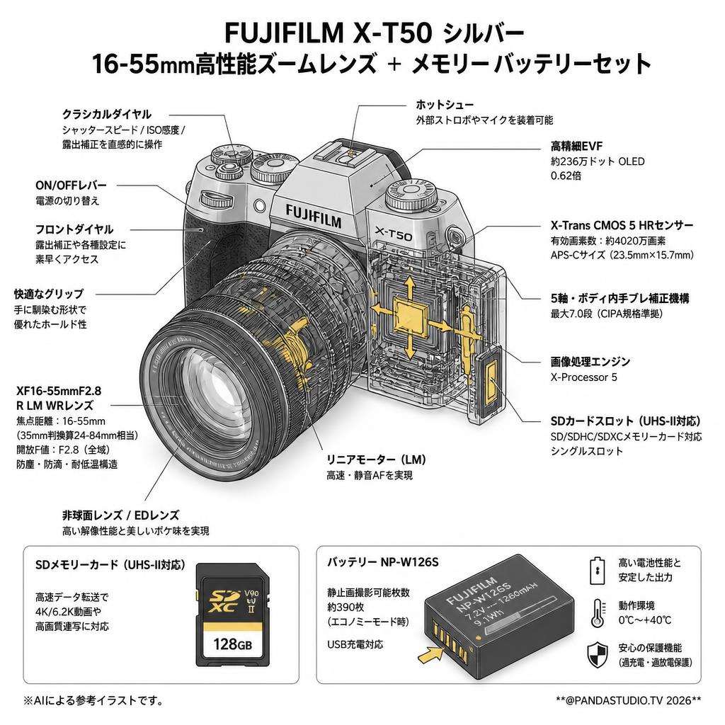 FUJIFLIM X-T50 シルバー 16-55mm高性能ズームレンズ ＋ メモリー バッテリーセット スペック