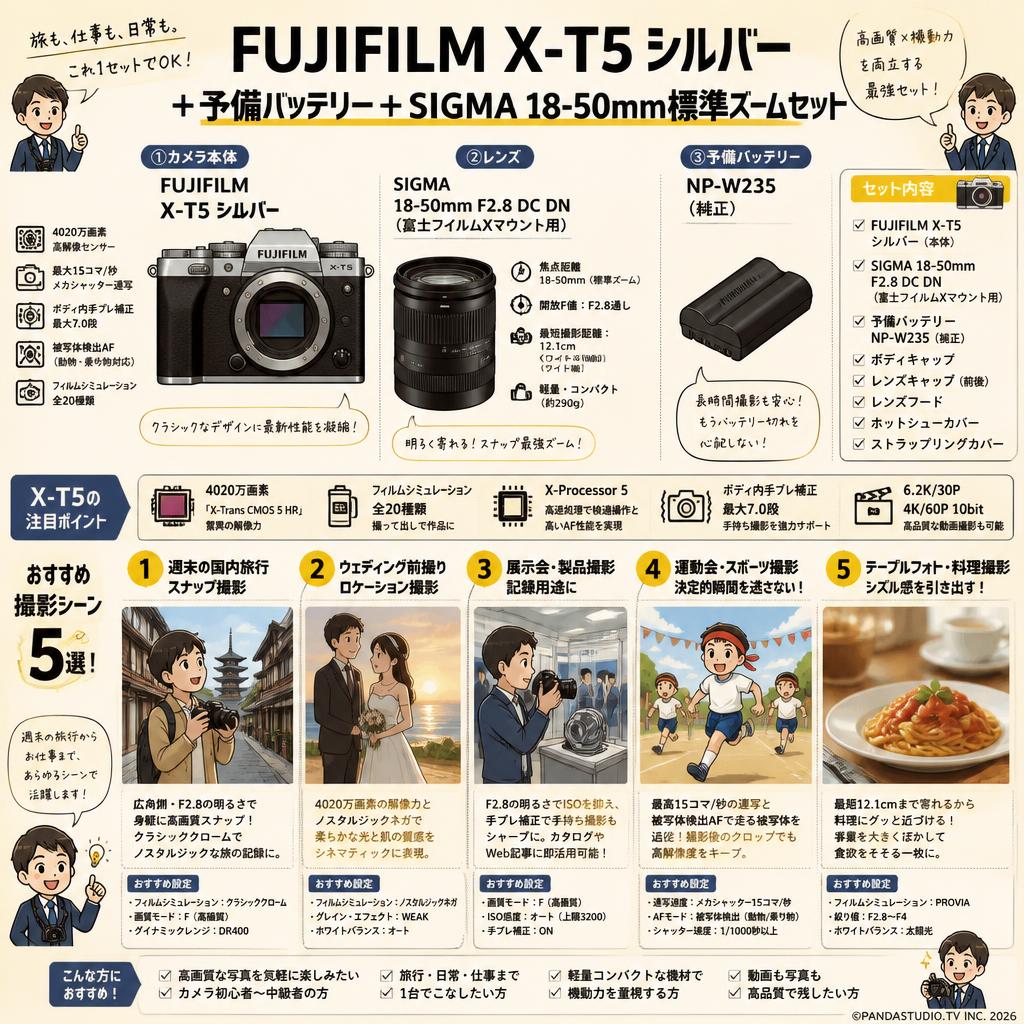 FUJIFILM X-T5 シルバー＋予備バッテリー＋SIGMA 18-50mm標準ズームセット 用途