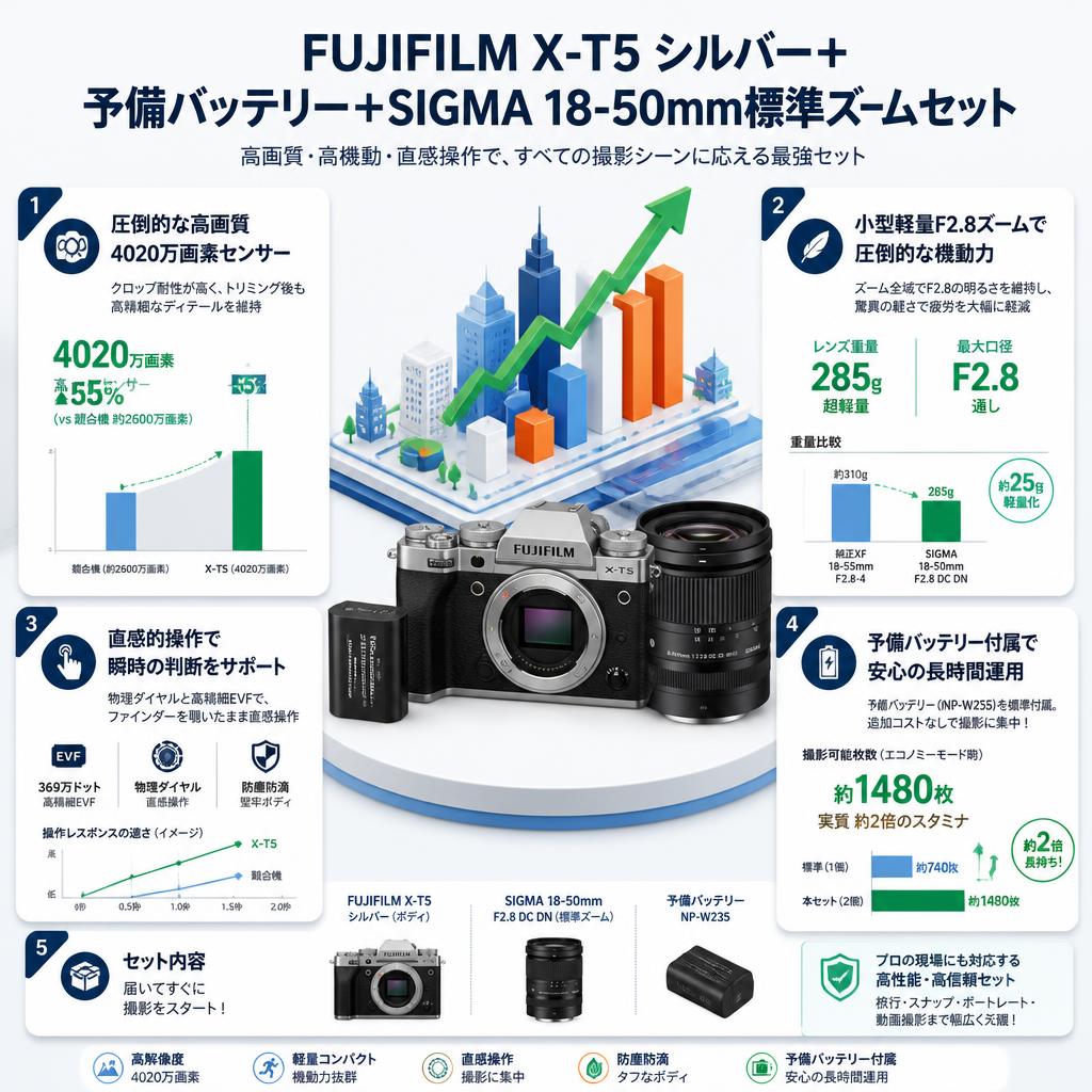 FUJIFILM X-T5 シルバー＋予備バッテリー＋SIGMA 18-50mm標準ズームセット セールスポイント