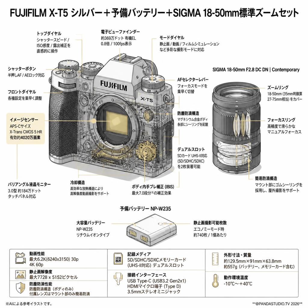 FUJIFILM X-T5 シルバー＋予備バッテリー＋SIGMA 18-50mm標準ズームセット スペック