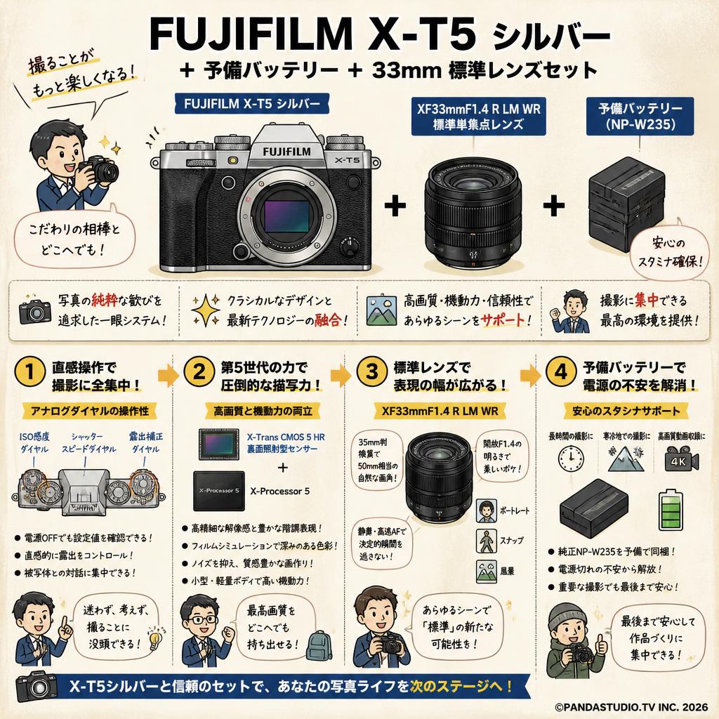 FUJIFILM X-T5 シルバー＋予備バッテリー＋33mm 標準レンズセット 概要