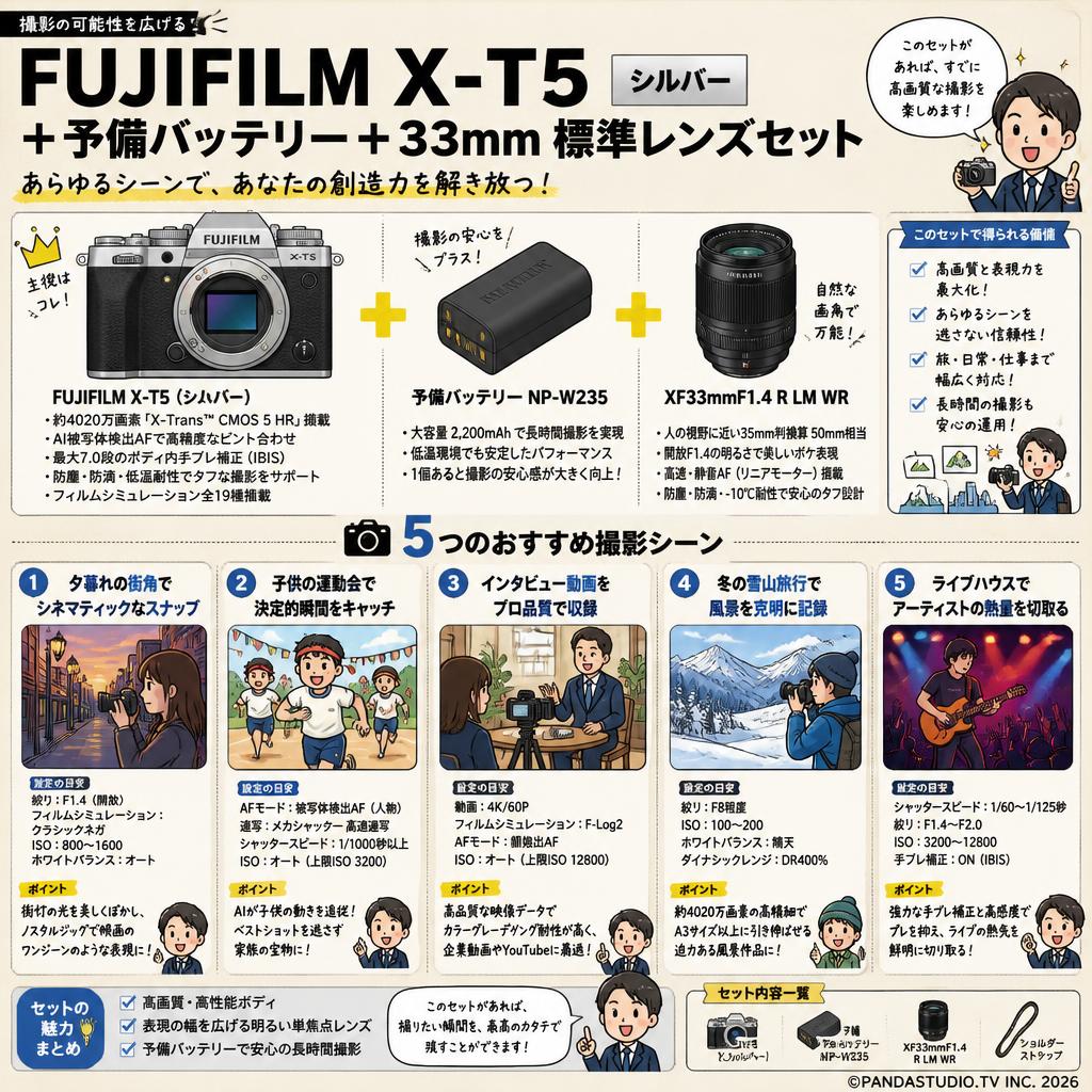 FUJIFILM X-T5 シルバー＋予備バッテリー＋33mm 標準レンズセット 用途