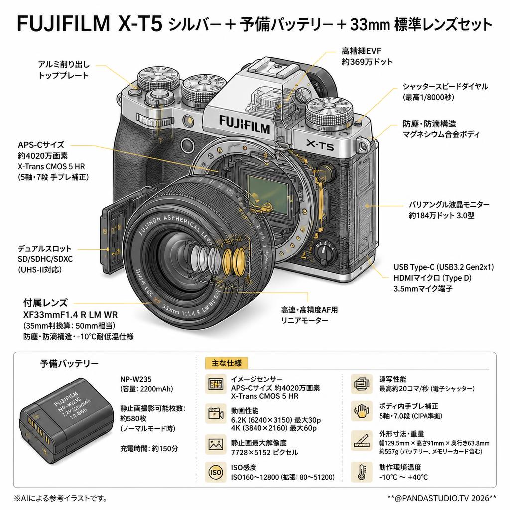FUJIFILM X-T5 シルバー＋予備バッテリー＋33mm 標準レンズセット スペック