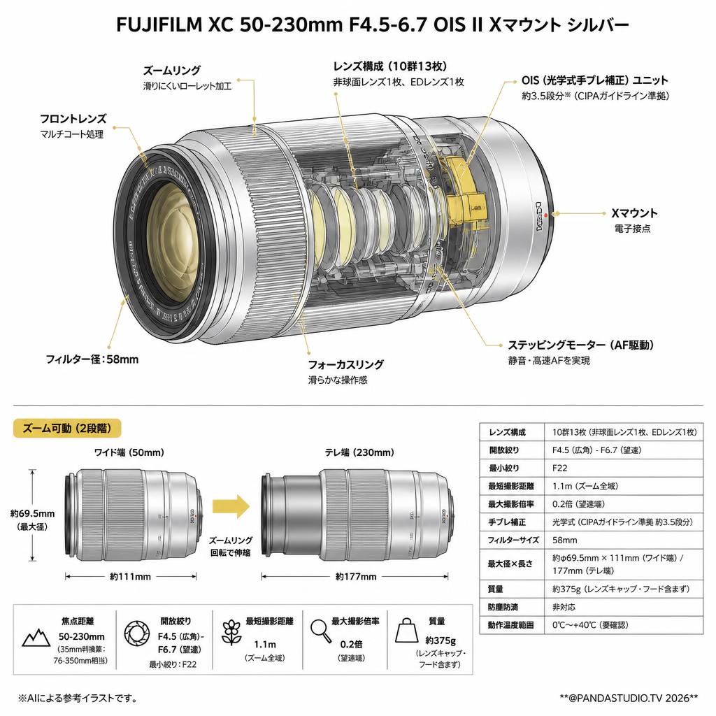 FUJIFILM XC 50-230mm F4.5-6.7 OIS II Xマウント シルバー スペック
