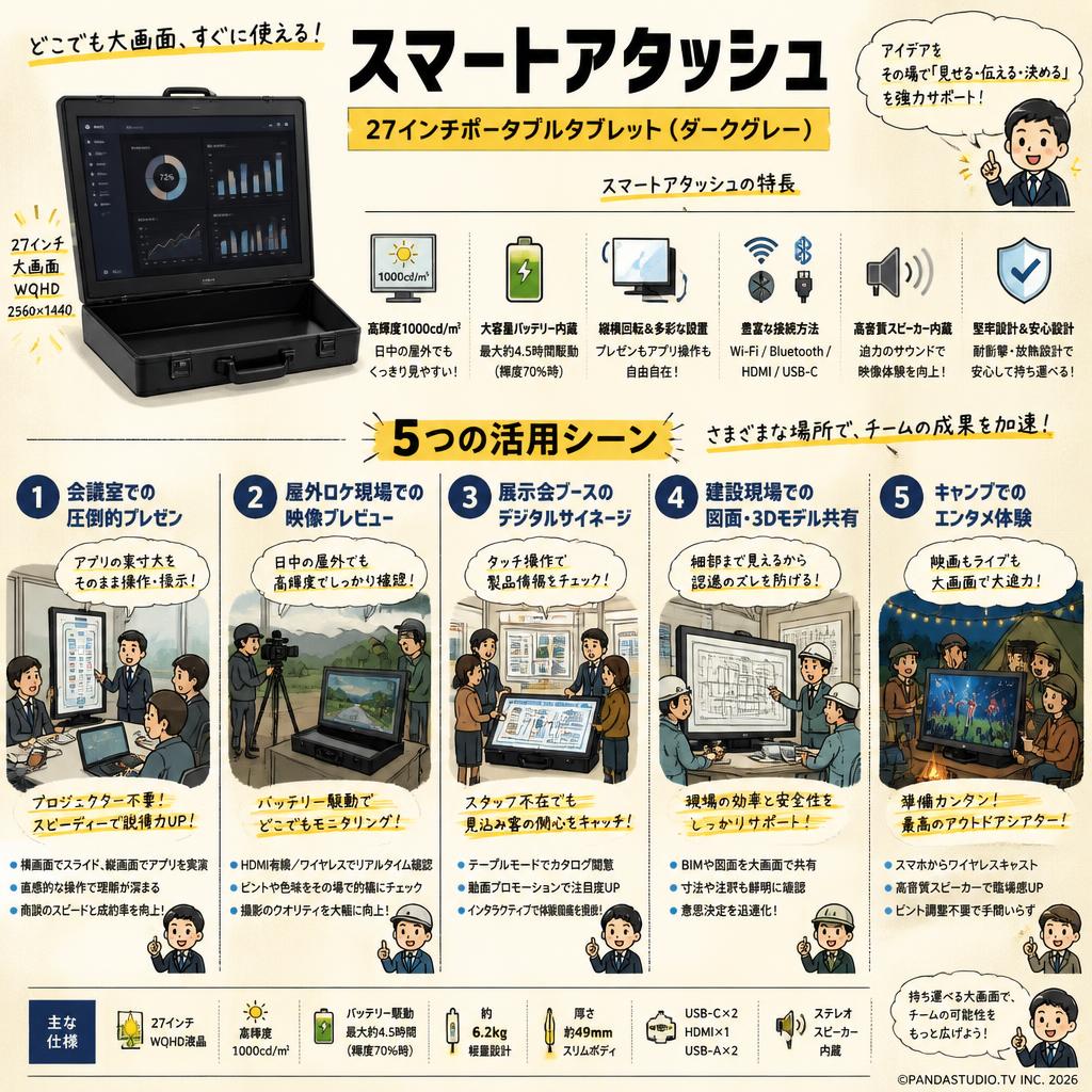 スマートアタッシュ　27インチポータブルタブレット（ダークグレー） 用途