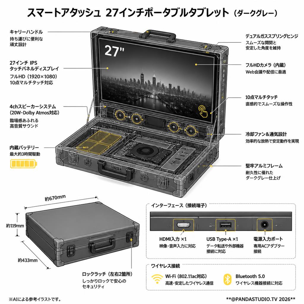 スマートアタッシュ　27インチポータブルタブレット（ダークグレー） スペック