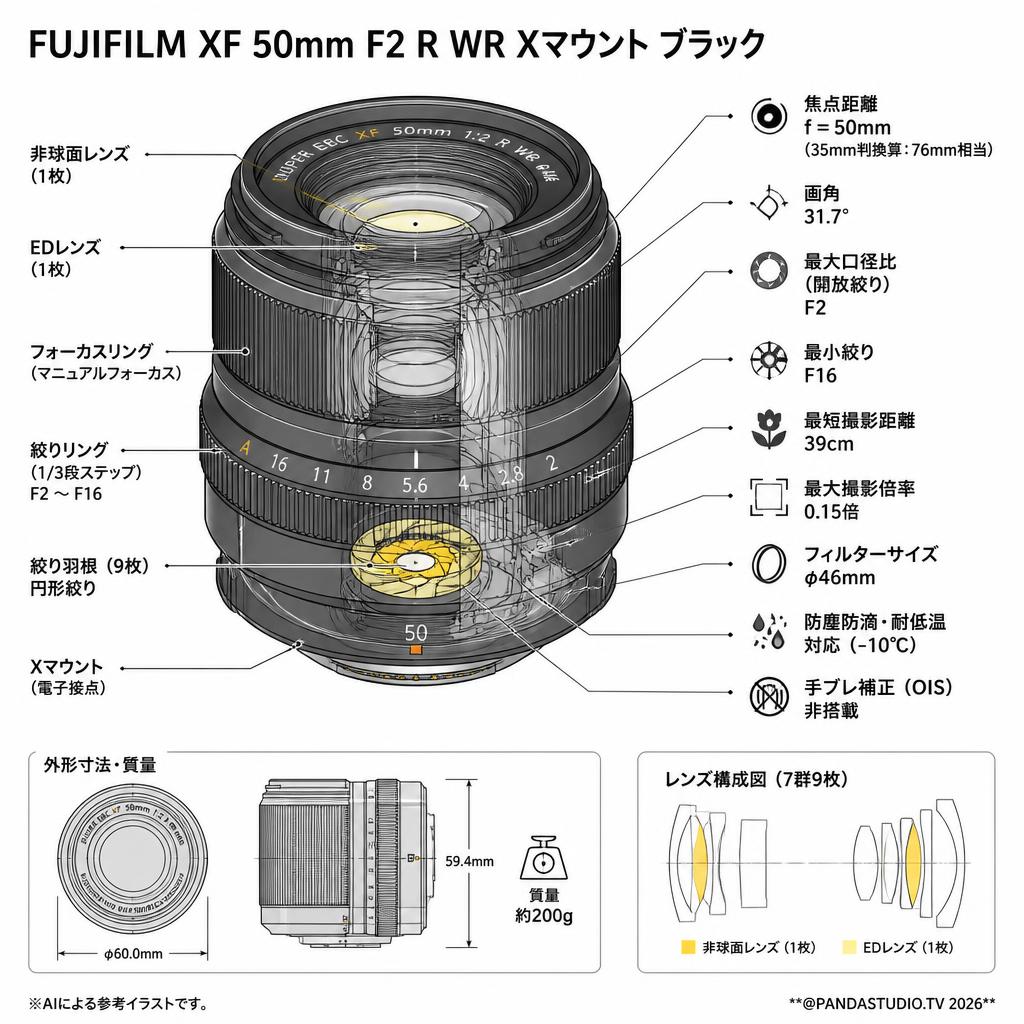 FUJIFILM XF 50mm F2 R WR Xマウント ブラック スペック