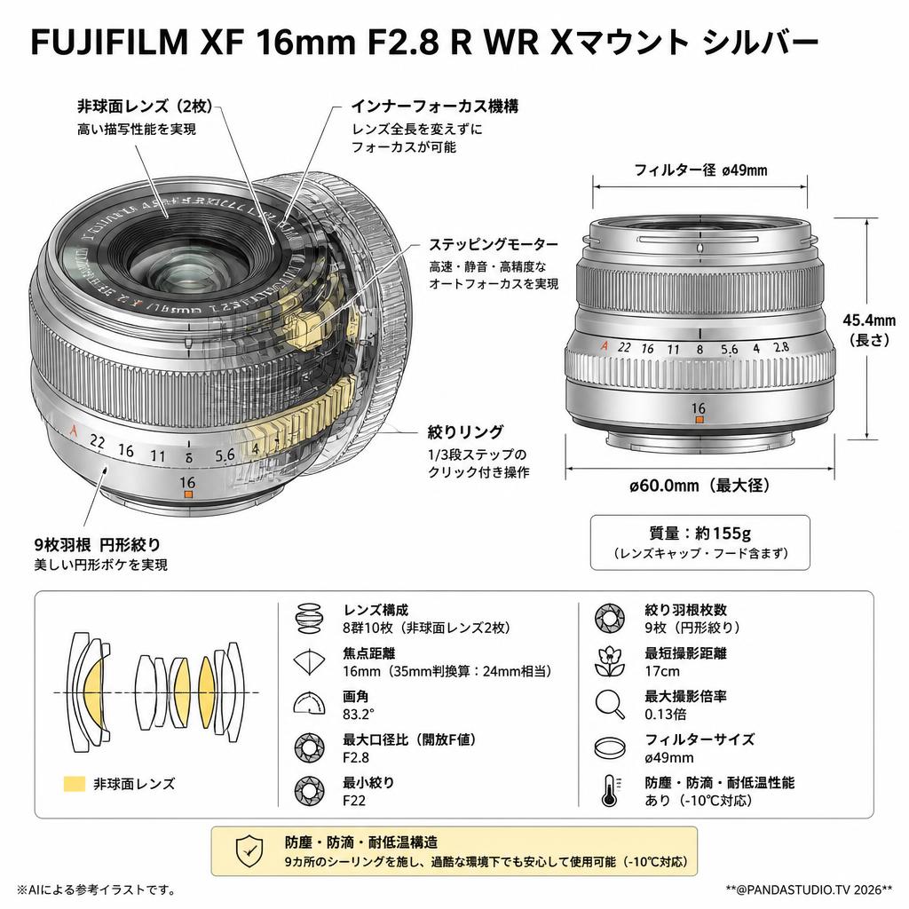 FUJIFILM XF 16mm F2.8 R WR Xマウント シルバー スペック