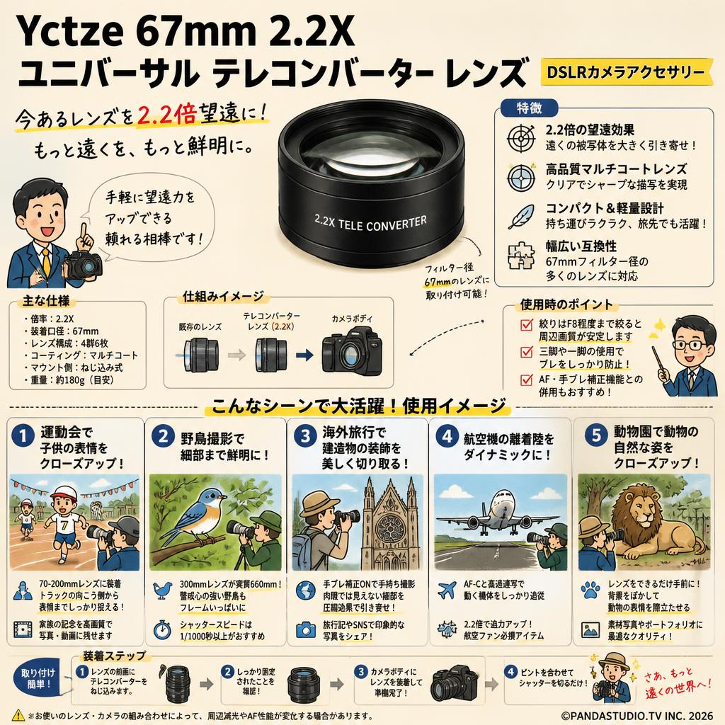 Yctze 67mm 2.2X ユニバーサル テレコンバーター レンズ DSLR カメラ アクセサリー 用途