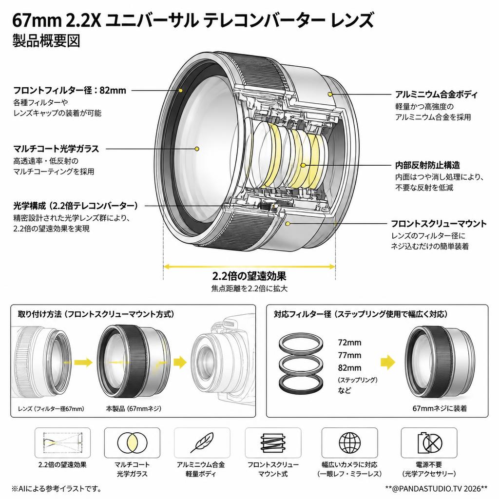 Yctze 67mm 2.2X ユニバーサル テレコンバーター レンズ DSLR カメラ アクセサリー スペック