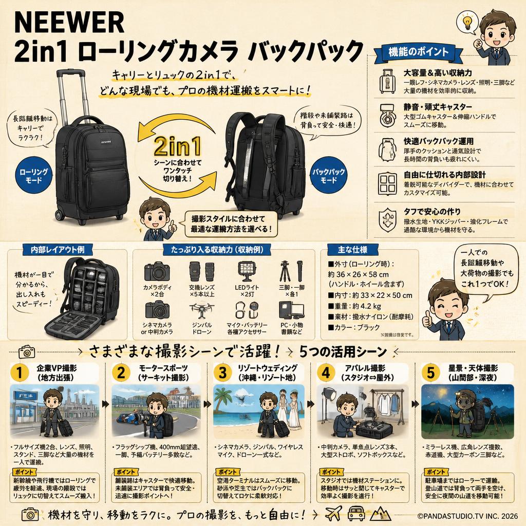 NEEWER 2in1 ローリングカメラ バックパック 用途