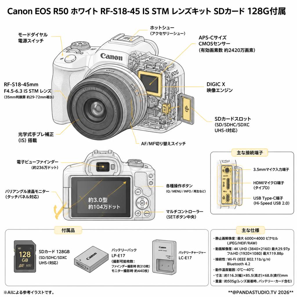 Canon EOS R50 ホワイト RF-S18-45 IS STM レンズキット SDカード 128G付属 スペック