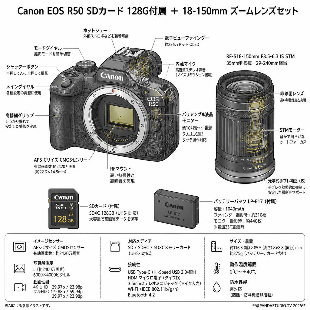 Canon EOS R50 SDカード 128G付属 ＋ 18-150mm ズームレンズセット スペック