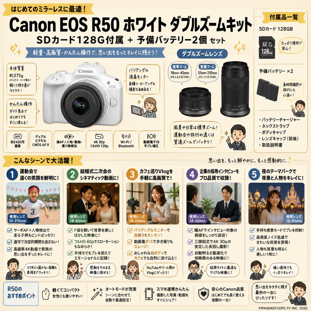 Canon EOS R50 ホワイト ダブルズームキット SDカード128G付属 予備バッテリー 2個 セット 18mm-45mm＋ 55mm-210mm付セット 用途