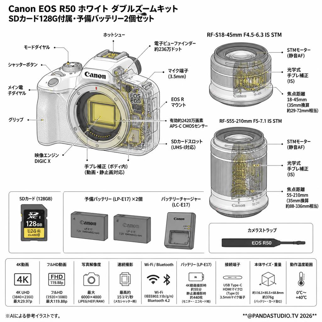 Canon EOS R50 ホワイト ダブルズームキット SDカード128G付属 予備バッテリー 2個 セット 18mm-45mm＋ 55mm-210mm付セット スペック