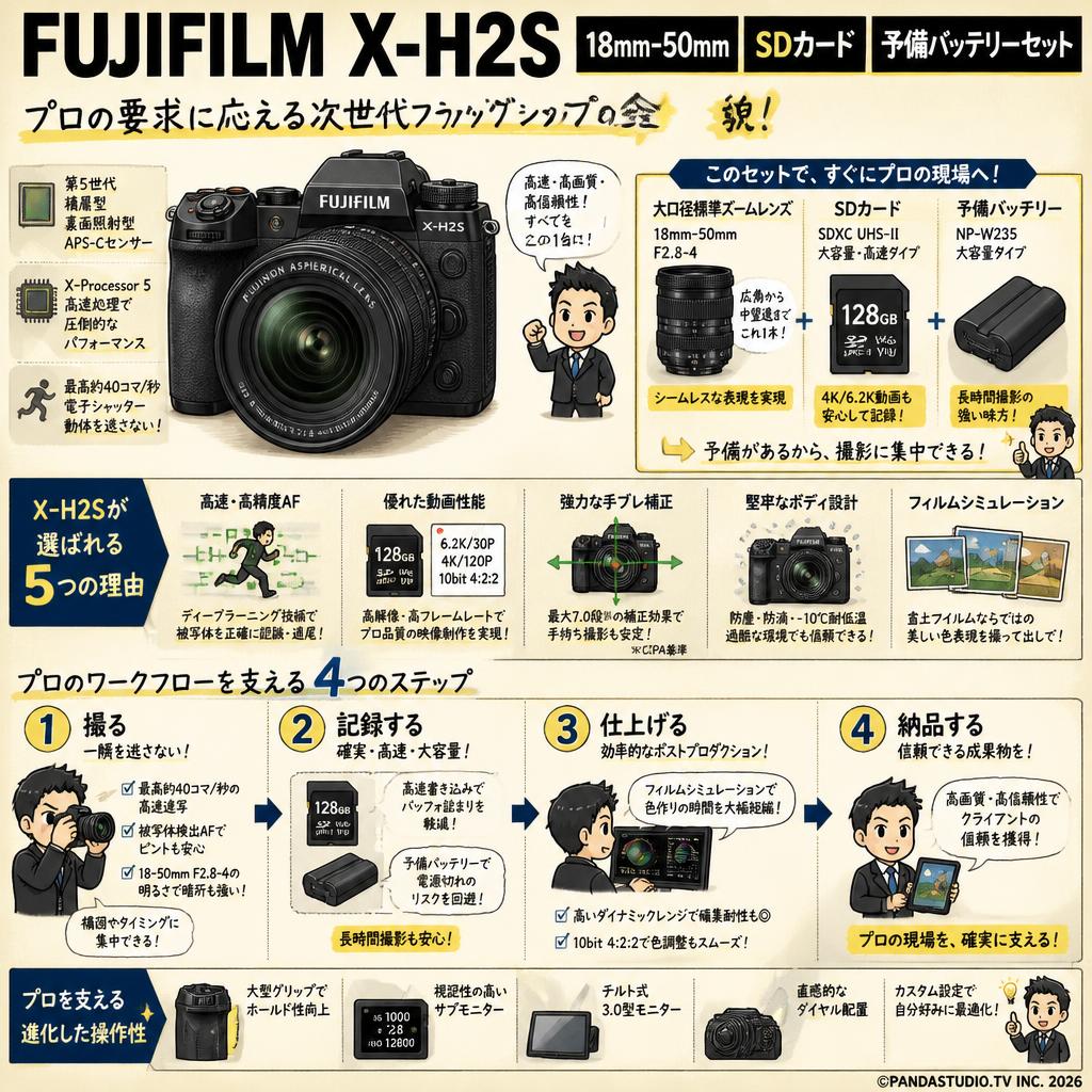 FUJIFILM X-H2S　18mm-50mm　SDカード 予備バッテリーセット 概要