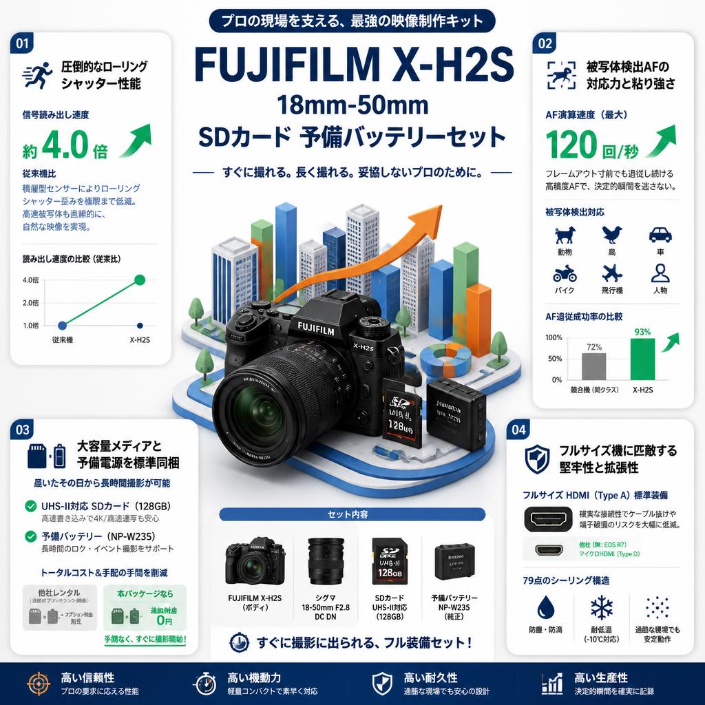 FUJIFILM X-H2S　18mm-50mm　SDカード 予備バッテリーセット セールスポイント