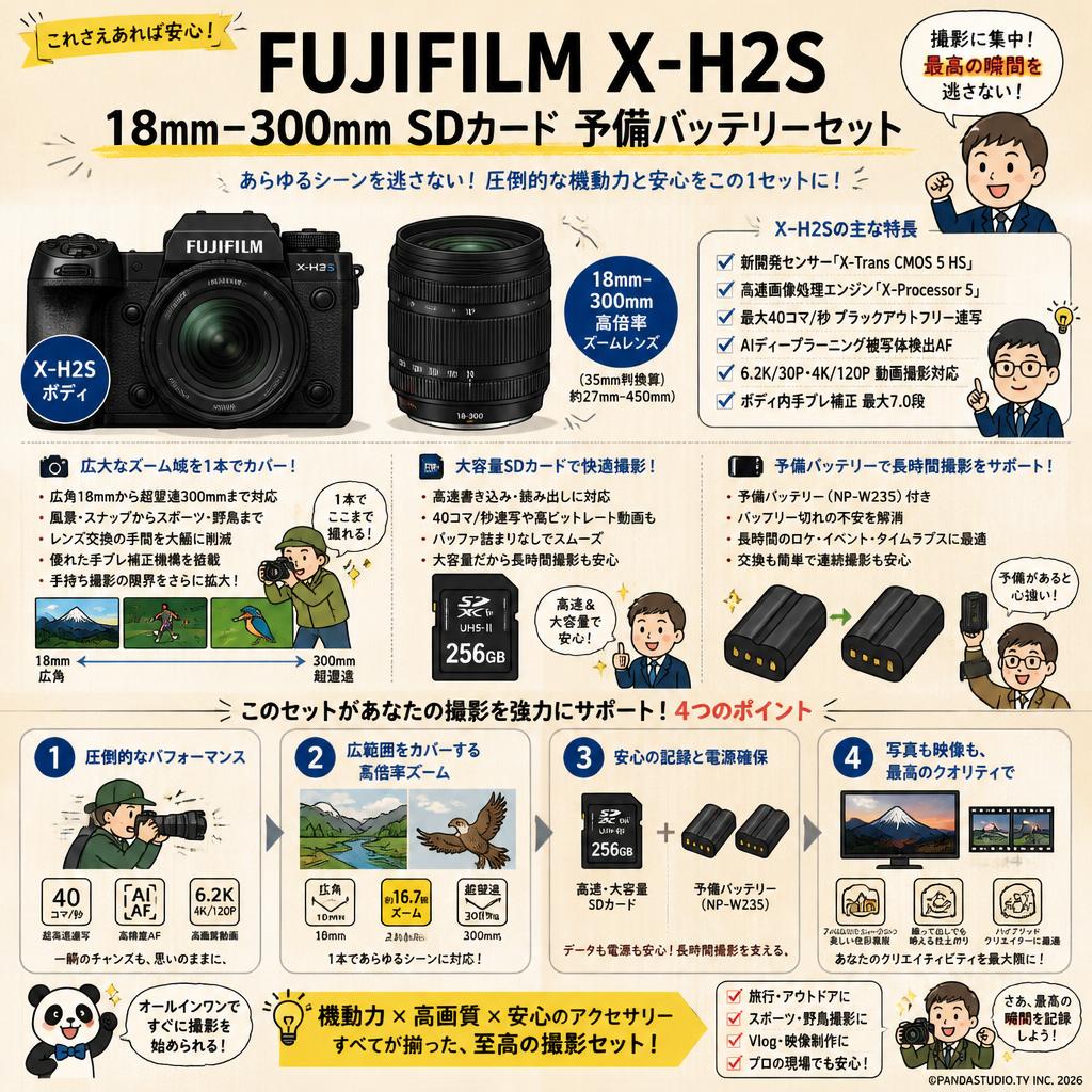 FUJIFILM X-H2S 18mm-300mm SDカード 予備バッテリーセット 概要