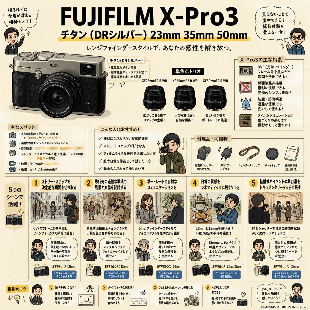 FUJIFILM X-Pro3 チタン(DRシルバー）23mm 35mm 50mm 用途