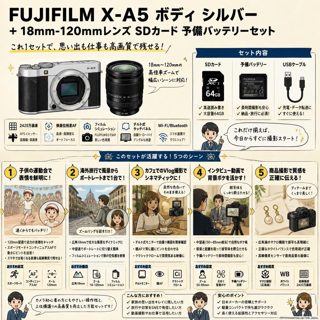 FUJIFILM X-A5 ボディ シルバー + 18mm-120mmレンズ SDカード 予備バッテリーセット 用途