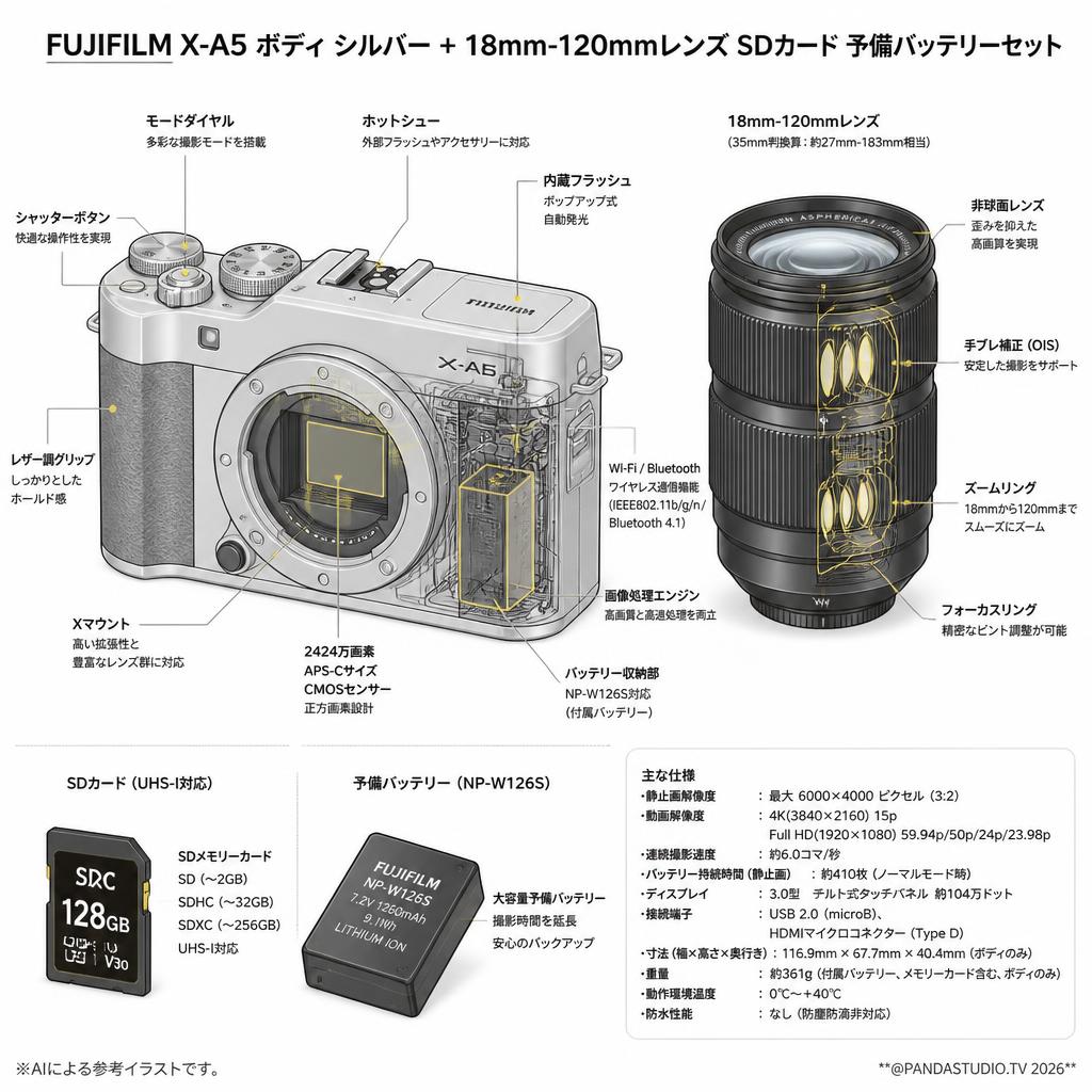 FUJIFILM X-A5 ボディ シルバー + 18mm-120mmレンズ SDカード 予備バッテリーセット スペック