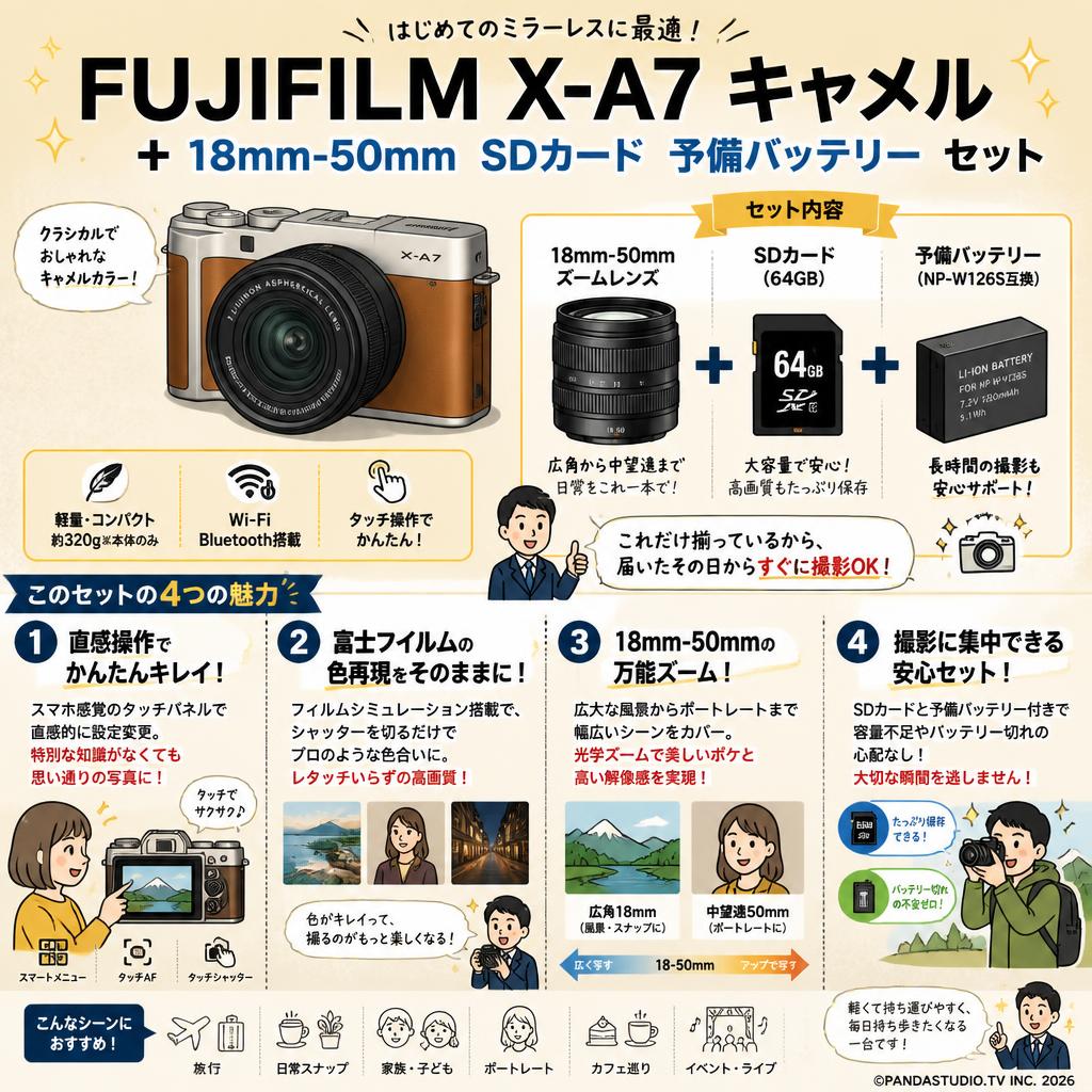 FUJIFILM X-A7 キャメル + 18mm-50mm  SDカード 予備バッテリー セット 概要