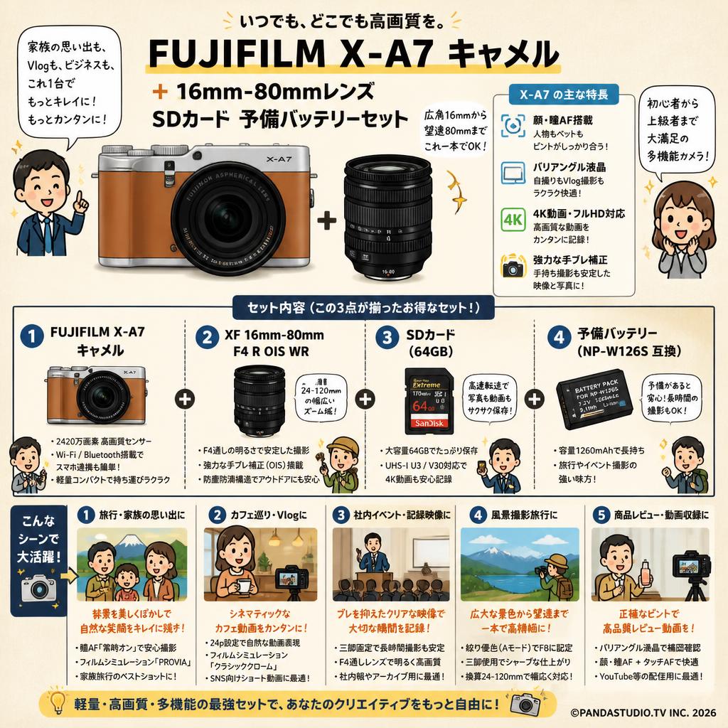 FUJIFILM X-A7 キャメル + 16mm-80mm SDカード 予備バッテリーセット 用途