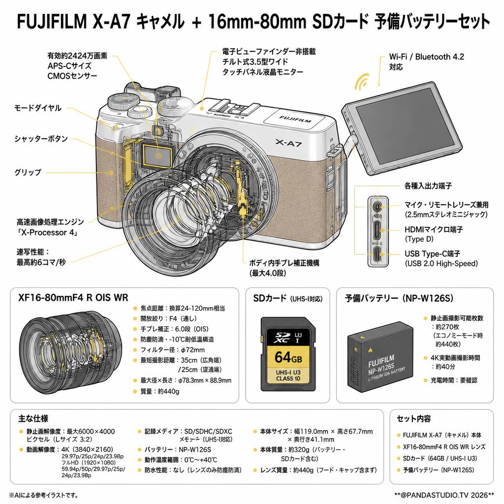 FUJIFILM X-A7 キャメル + 16mm-80mm SDカード 予備バッテリーセット スペック