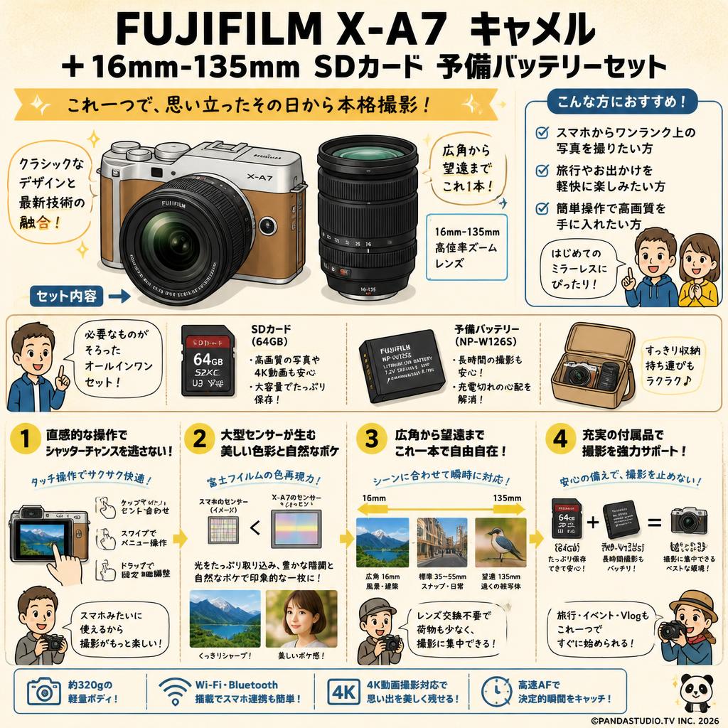FUJIFILM X-A7 キャメル + 16mm-135mm SDカード 予備バッテリーセット 概要
