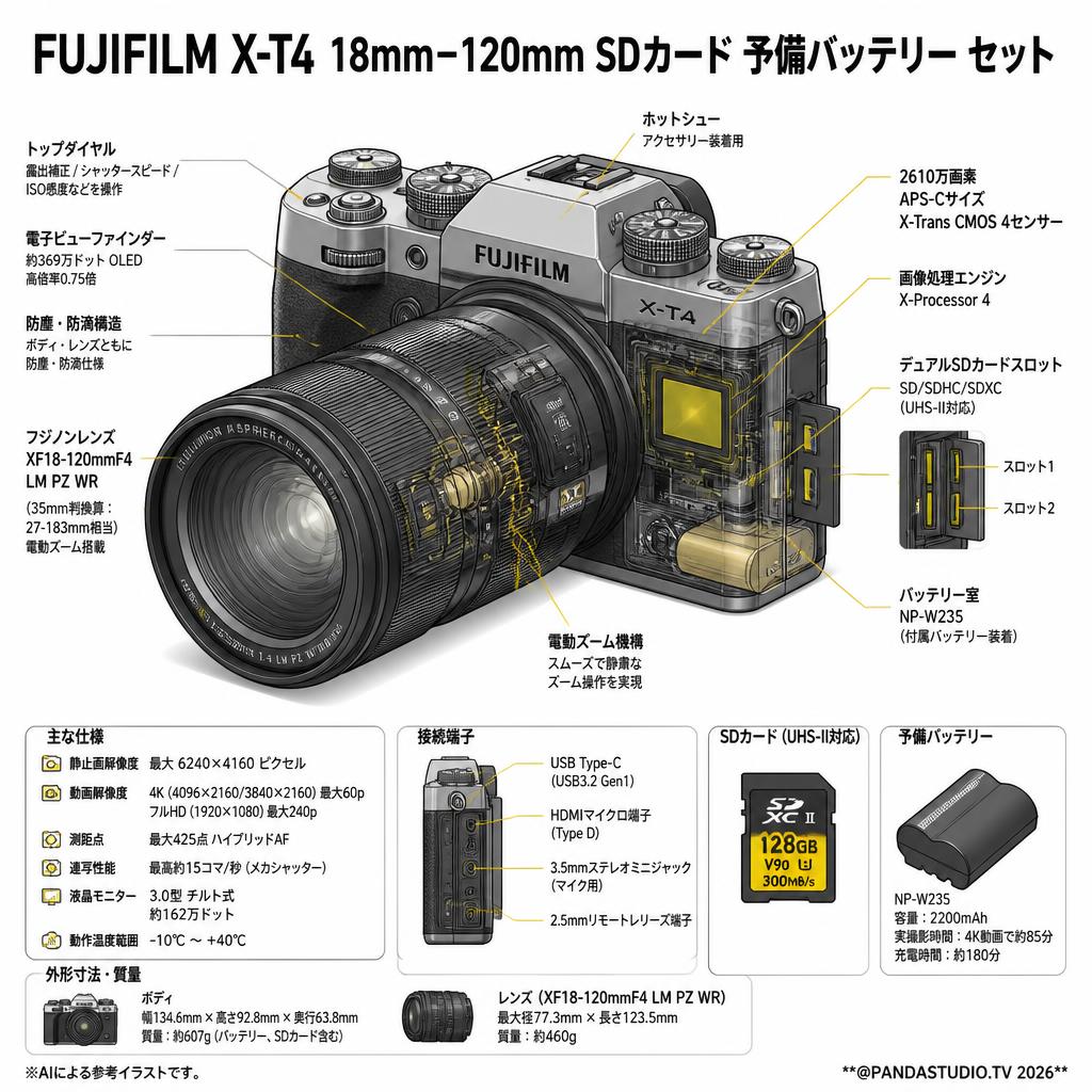 FUJIFILM X-T4 18mm−120mm SDカード 予備バッテリー セット スペック
