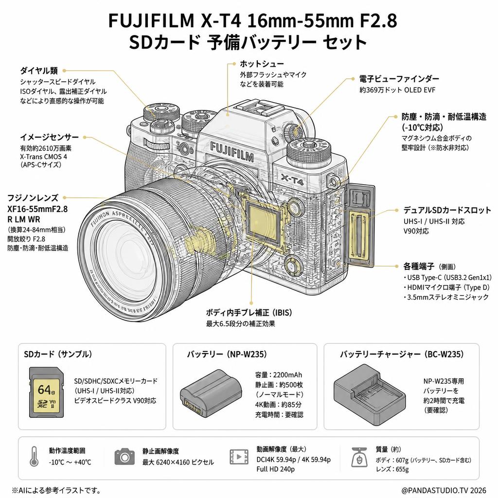 FUJIFILM X-T4 16mm-55mm F2.8 SDカード 予備バッテリー セット スペック