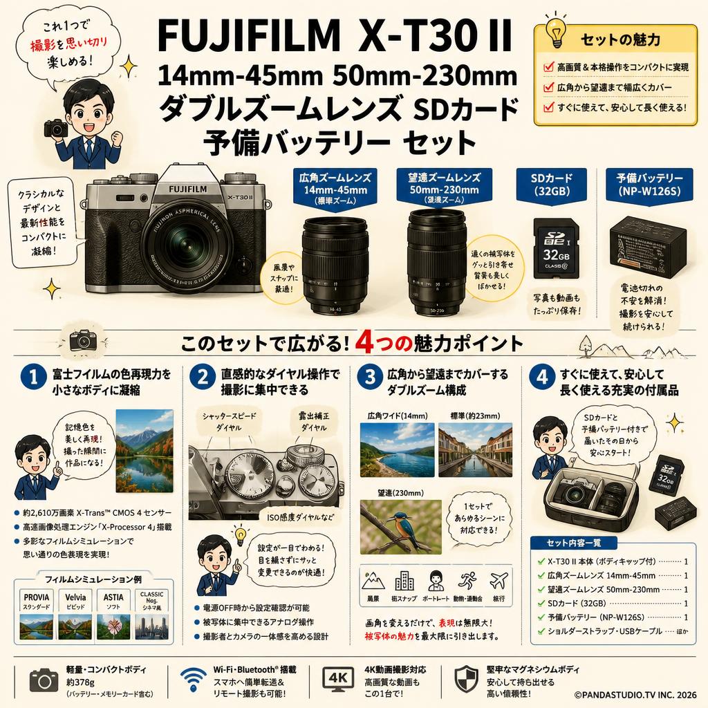 FUJIFILM X-T30 II 14mm-45mm 50mm-230mm ダブルズームレンズ SDカード 予備バッテリー セット 概要