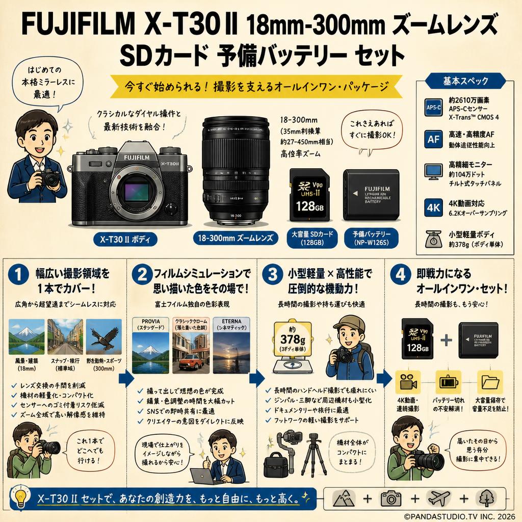 FUJIFILM X-T30 II 18mm-300mm ズームレンズ SDカード 予備バッテリー セット 概要