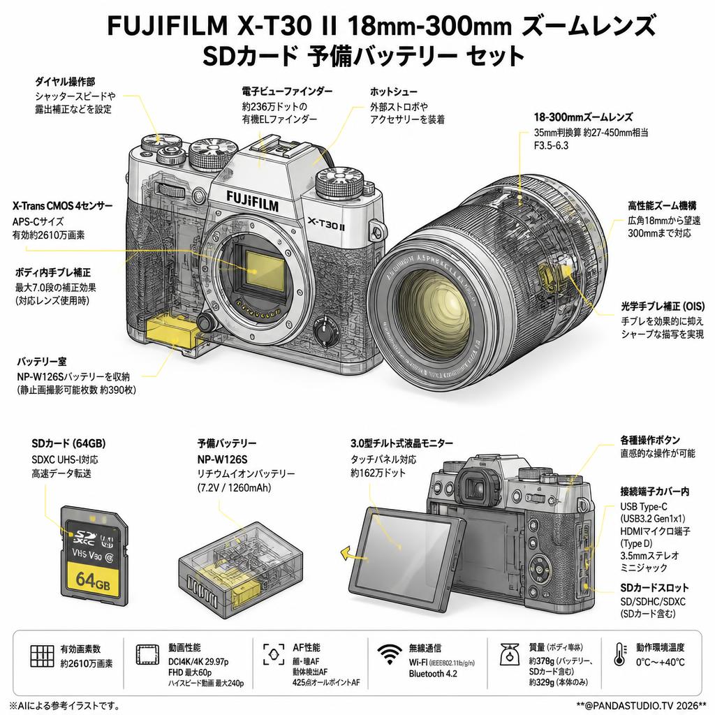 FUJIFILM X-T30 II 18mm-300mm ズームレンズ SDカード 予備バッテリー セット スペック