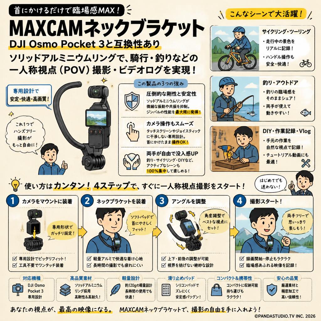 MAXCAMネックブラケットはDJI Osmo Pocket 3/4と互換性があり、ソリッドアルミニウムリング騎行釣りの一人称透視撮影ビデオログ 概要