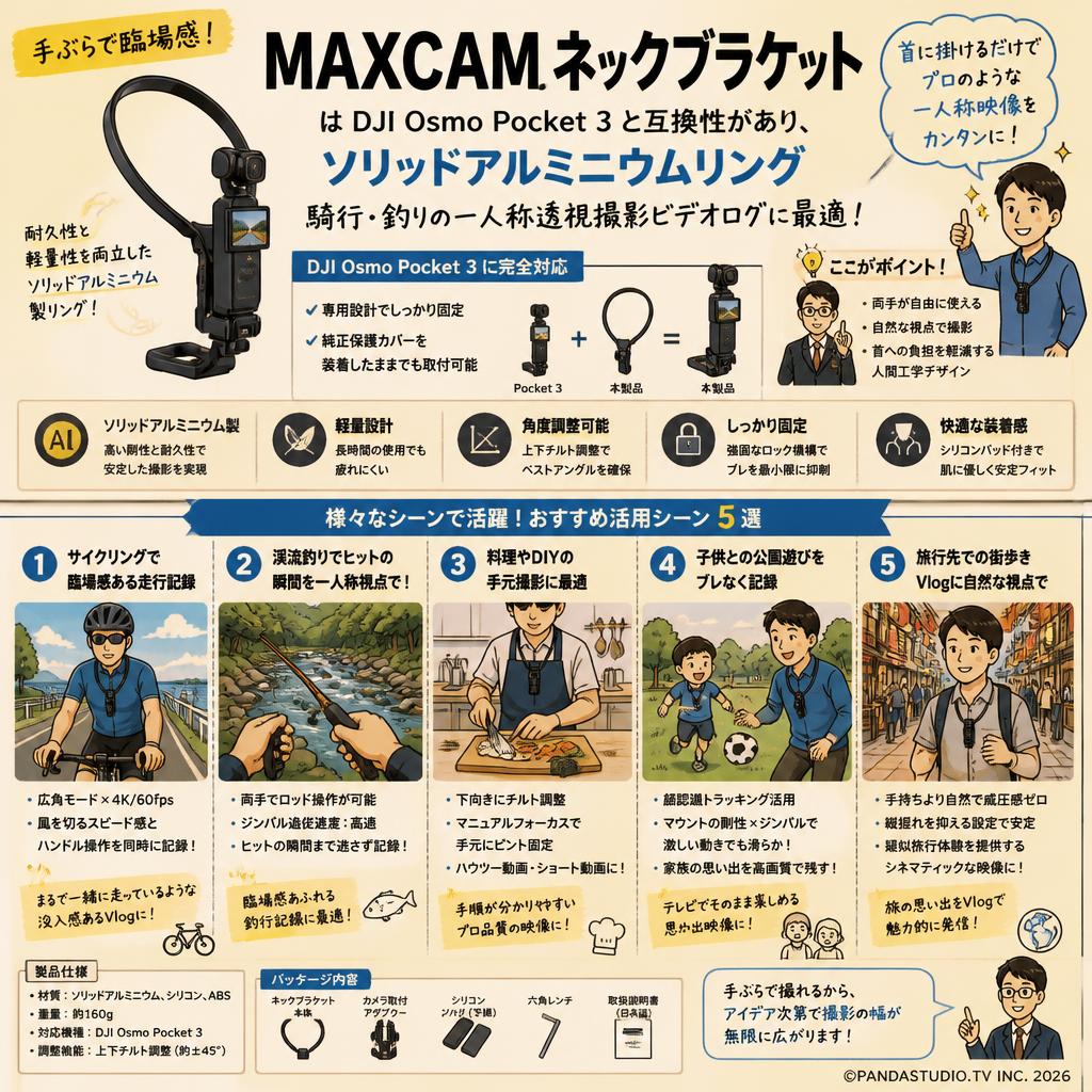 MAXCAMネックブラケットはDJI Osmo Pocket 3/4と互換性があり、ソリッドアルミニウムリング騎行釣りの一人称透視撮影ビデオログ 用途